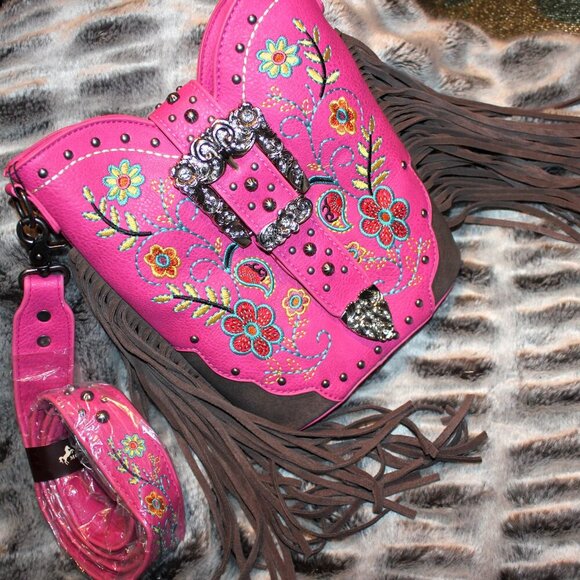 Montana West Western Hot Pink Handbag Silver Belt Buckle Hippie Fringe Purse - Picture 10 of 12